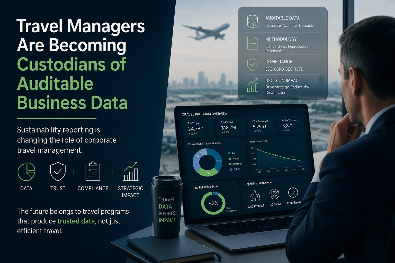 Corporate travel manager analyzing sustainability reporting, Business travel analytics, and compliance data